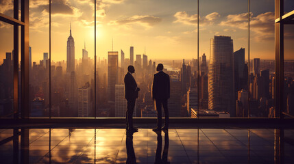 business partners stand in front of a large panoramic window