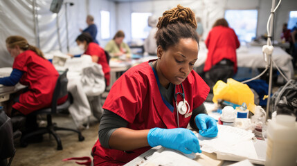 A dedicated female aid worker in a red shirt provides medical care to a patient inside a makeshift outdoor clinic tent.