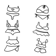 Hand drawn woman swimsuits in different designs on a white background