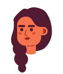 South asian adult woman braided hair 2D vector avatar illustration. French braid indian female cartoon character face portrait. Nice lady flat color user profile image isolated on white background