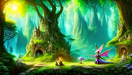 Fototapeta na wymiar a fairy tale landscape with fairy creatures suitable as a background