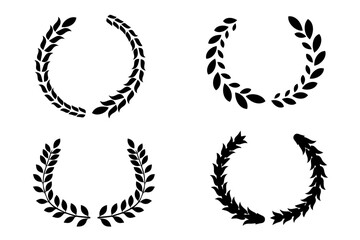 Black laurel wreath frame icon in white background. Circular laurel foliate, wheat and olive wreaths depicting an award, achievement, heraldry, nobility. Vector illustration