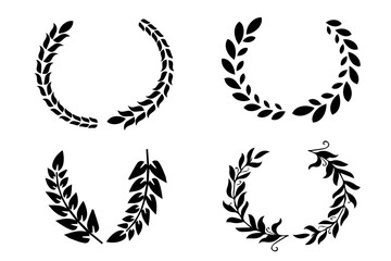 Black laurel wreath frame icon in white background. Circular laurel foliate, wheat and olive wreaths depicting an award, achievement, heraldry, nobility. Vector illustration - obrazy, fototapety, plakaty