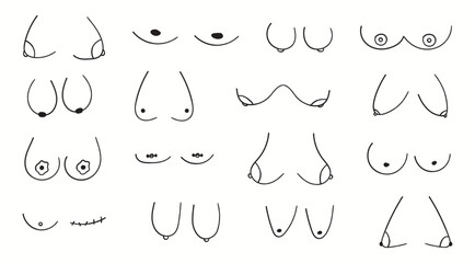 Big set of women's breas of different form. Body positive, feminism concept. Doodle funny boobs. Hand drawn collection.