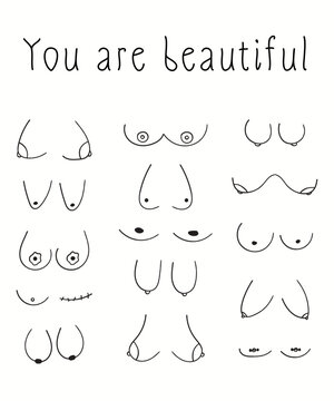 You are beautiful poster. Hand drawn women's breasts. Body positive. Doodle funny boobs.