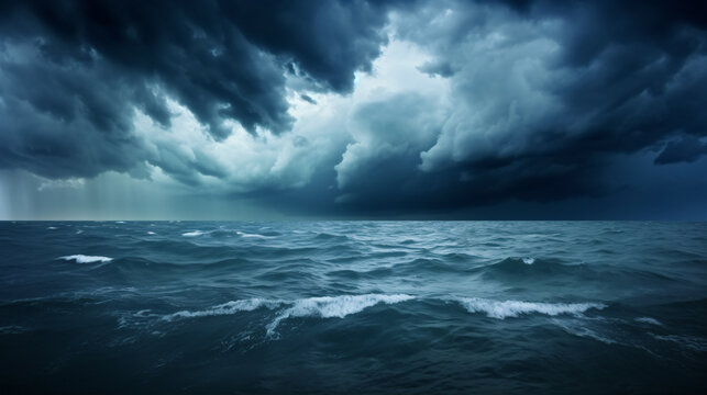 A turbulent, somber, menacing sky above the ocean provides a picturesque backdrop.