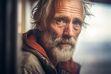 Portrait of older messy and hungry homeless man - obrazy, fototapety, plakaty