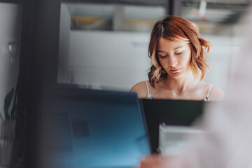 Confident businesswoman analyze statistics, do paperwork, and conduct market research in a modern office. They focus on digital marketing, innovation, and targeting the right audience for success.