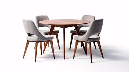 A wooden and fabric dining table and chair stand alone on a white surface.