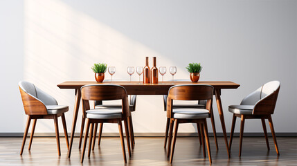 A wooden and fabric dining table and chair, isolated on a white backdrop.