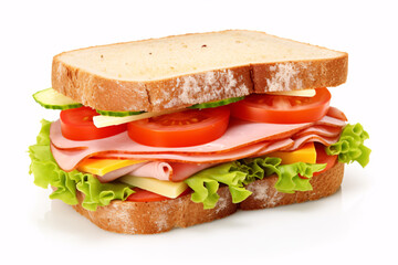 A ham, cheese, and veggie sandwich, isolated on a white background.