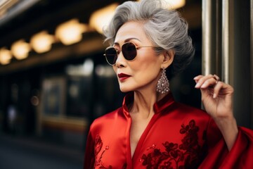 Beautiful stylish 80 years old asian woman wears red lipstick, sunglasses and evening dress outdoor
