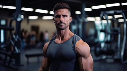 Portrait of handsome muscular man standing in the background of sport gym - obrazy, fototapety, plakaty