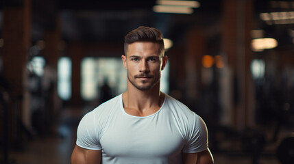 Portrait of handsome muscular man standing in the background of sport gym - obrazy, fototapety, plakaty