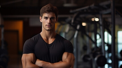 Obraz premium Portrait of handsome muscular man standing in the background of sport gym