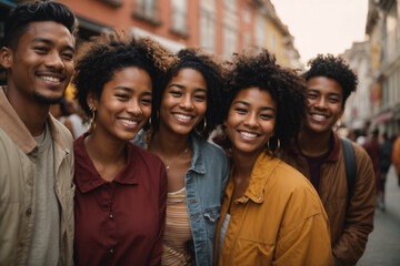 Multiethnic group of happy friends in the street