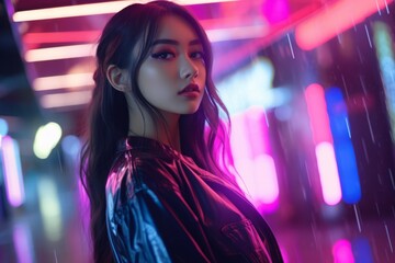 Young fashionable asian girl looks at the camera, against the background of neon light - obrazy, fototapety, plakaty