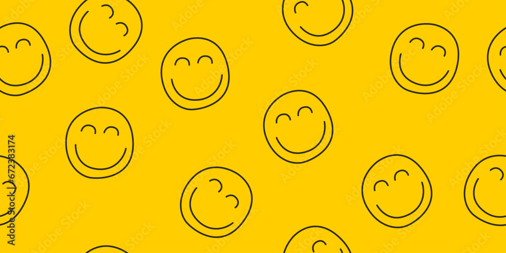 Poster Background of simple emoticons. Vector simple background of identical scattered emoticons. Yellow background.