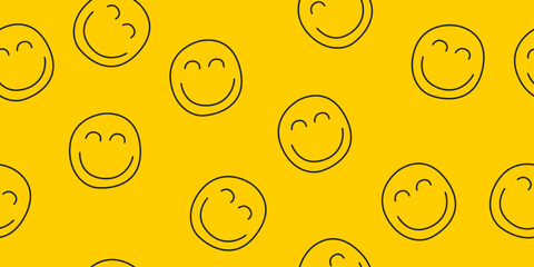 Background of simple emoticons. Vector simple background of identical scattered emoticons. Yellow background.