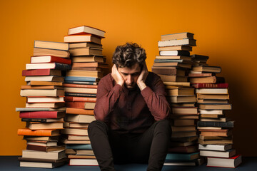 Distraught person amidst hushing books isolated on a gradient background 