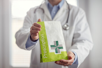 Drug store pharmacy concept doctor holding prescription medicine