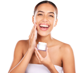 Beauty portrait, happiness and woman with cream container, collagen product or facial acne treatment. Face makeup, skincare and person apply hydration moisturizer on transparent, png background