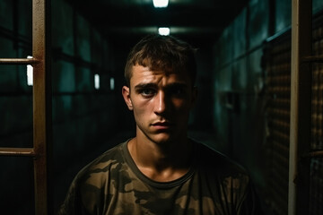 Obraz premium Soldier in barracks displaying emotional distress background with empty space for text 