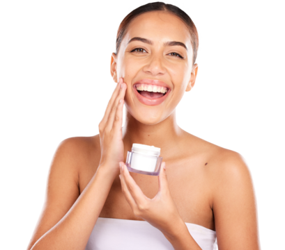 Beauty portrait, happiness and woman with cream container, collagen product or facial acne treatment. Face makeup, skincare and person apply hydration moisturizer on transparent, png background