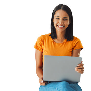 Happy woman, laptop and portrait for online research, creative planning and education or e learning. Student on computer for information or college registration isolated on transparent png background
