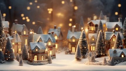 Fototapeta na wymiar winter decorative houses, Christmas houses, festive winter decorations, winter snowy, blurred background, New Year concept, holiday mood, present gift box, blurred lights, bright gold bokeh, defocused