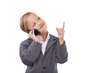 Child in business suit, phone call and conversation for future career isolated on transparent png background. Happy girl kid, little businesswoman or pretend professional on smartphone for networking