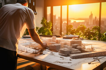An architect creates a three-dimensional model of a modern city.
