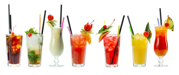 Set of cocktails, soft and long-drinks on a white background.