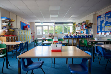 Empty Tables And Chairs In Primary Or Elementary School Classroom - obrazy, fototapety, plakaty