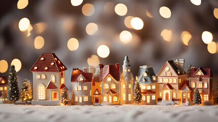 Fototapeta na wymiar winter decorative houses, Christmas houses, festive winter decorations, winter snowy, blurred background, New Year concept, holiday mood, present gift box, blurred lights, bright gold bokeh, defocused