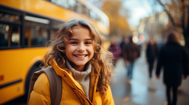 A smiling elementary school girl in the background of the school bus she is ready to board.