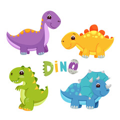 Vector illustration of Cartoon Dinosaur Character Set. Sequential set of cute colored dinosaurs. T-rex, diplodocus, triceratops.