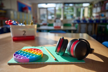 Ear Defenders Or Headphones And Fidget Toy To Help Child With ASD Or Autism On Table In School Classroom - obrazy, fototapety, plakaty