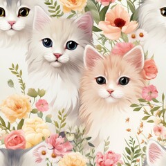 Cute Kittens and Flowers Seamless Pattern