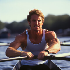 Male rower in a rowing race, pulling the oars. Shallow field of view. - obrazy, fototapety, plakaty