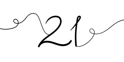 Number 21 line art drawing on white background. 21th birthday continuous drawing contour. Minimal vector illustration