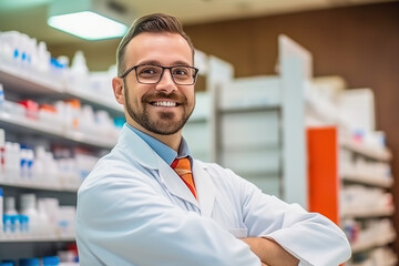 Portrait of a happy pharmacist working in a pharmacy.