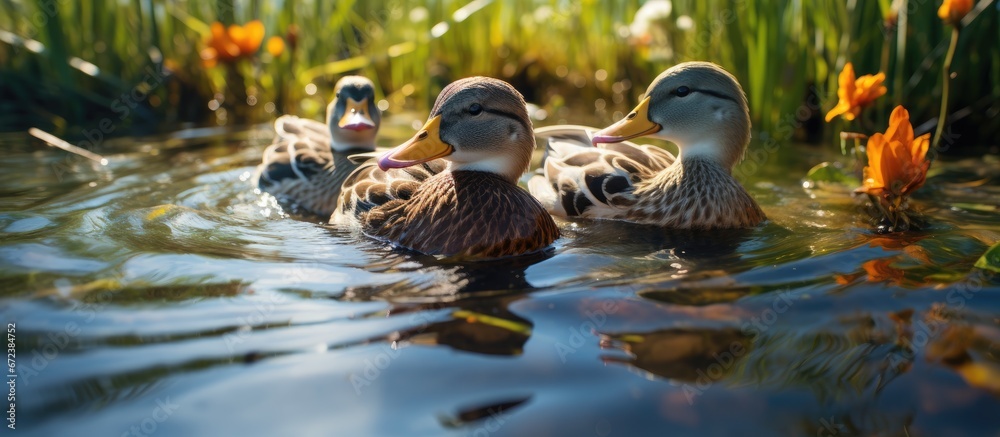 Wall mural Close up view of wild ducks on the water with a stunning backdrop