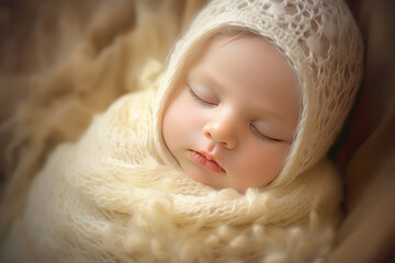 Fototapeta na wymiar Little newborn baby sleeps in a creamy blanket