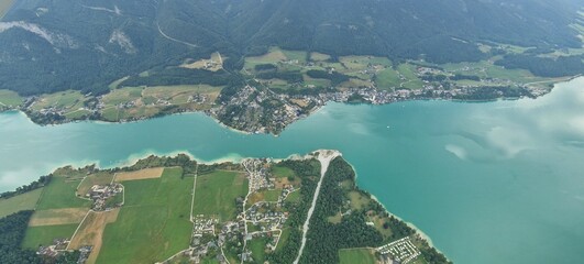 Austria- salzburger land- drone view from sky to lake Wolfgangsee.  Amazing view from sky in Salzkammergut. Alps mountains. Upper Austria, Salzburg, above Wolfgangsee. Wolfgang lake, Austria