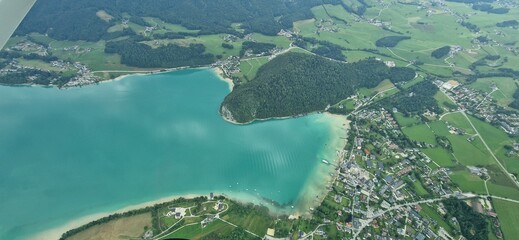 Austria- salzburger land- drone view from sky to lake Wolfgangsee.  Amazing view from sky in...