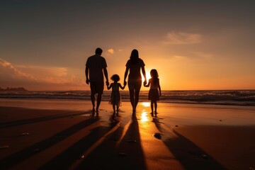 Fototapeta premium Silhoutte of happy family walking together on the beach 
