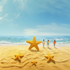 Family starfish on yellow sand near the sea