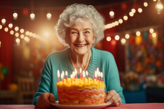 Happy smiling 80 years old woman in blue cardigan celebrates birthday with cake and candles