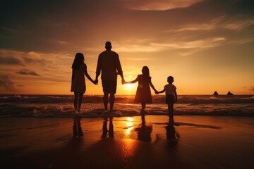 Fototapeta na wymiar Silhoutte of happy family walking together on the beach 